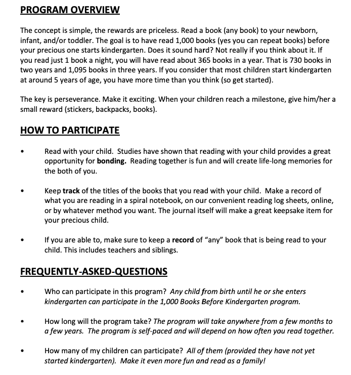 1000 books before kindergarten description